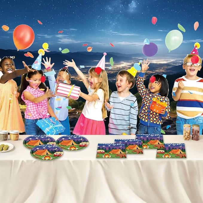 40pcs Camping Party Supplies Campfire Hiking Camper Theme Birthday Paper Plates and Napkins Set for Boys Kids Campfire Barbecue Birthday Party