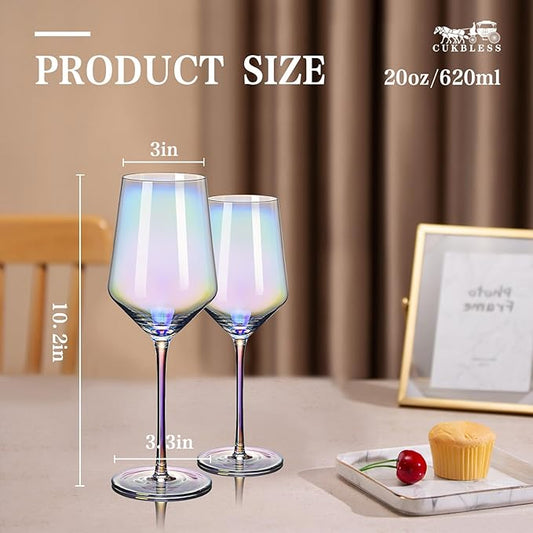 CUKBLESS Red Wine Glasses Set of 4, 20 oz Iridescent Hand Blown Wine Glasses, Long Stem Glasses for Red or White Wine, for Birthday, Wedding