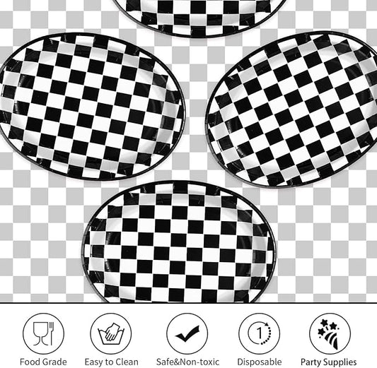 Grencian 50Pcs Black & White Gingham Oval Paper Plates Checkered Party Plates 10" X 12" Disposable 400GSM Race Car Dessert Dinnerware for Racing Car Party Supplies Birthday Baby Shower Decorations
