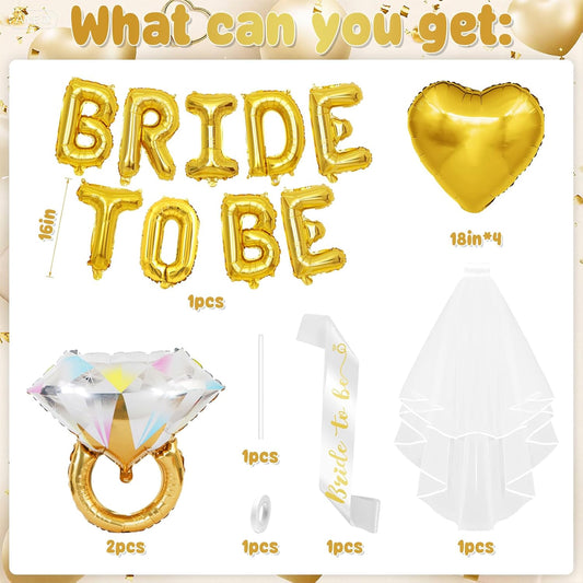 Gold Bachelorette Party Decorations, Gold Bride to Be Banner Heart Balloons with Diamond Ring Foil Balloon, Bride to Be Sash&Veil for Bachelorette Engagement Gift Bridal Shower Party Supplies