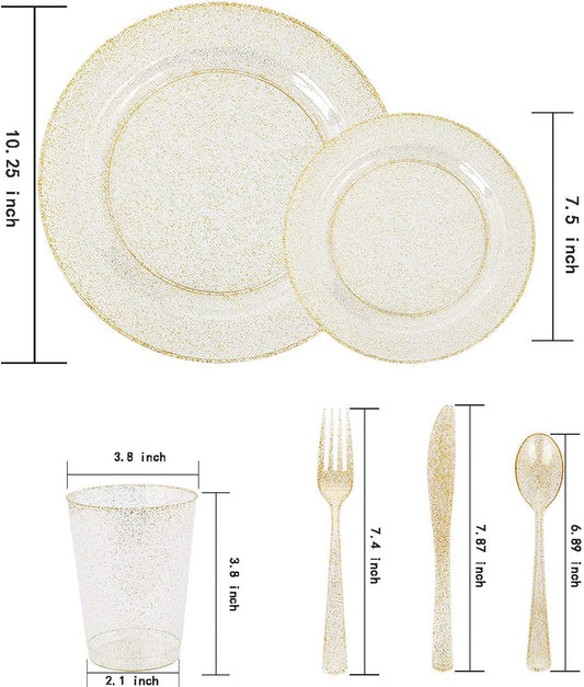 WELLIFE 300PCS Gold Glitter Plastic Plates, Gold Plastic Dinnerware Includes: 50 Dinner and 50 Dessert Plates, 150 Cutlery, 50 Cups for Party