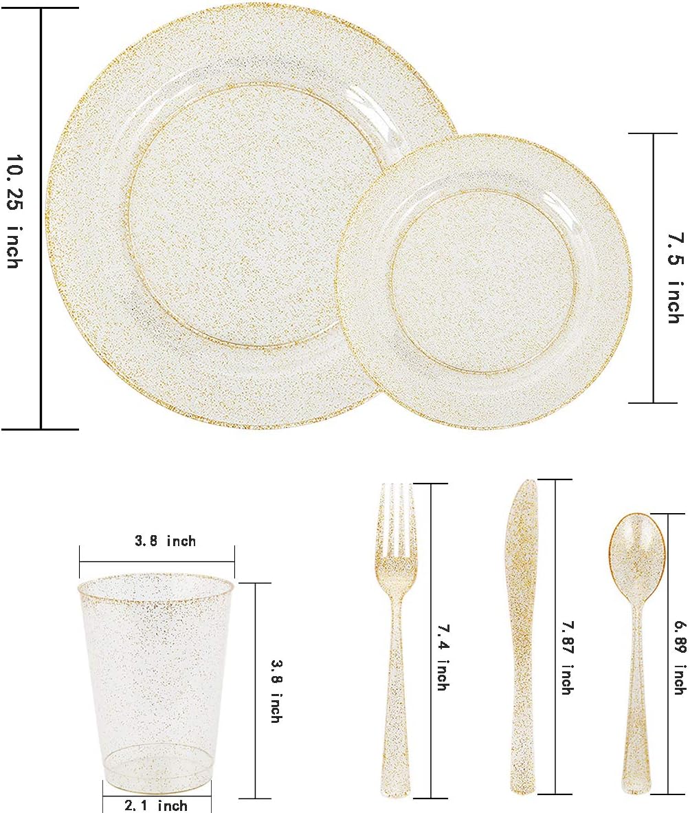 WELLIFE 175 Pieces Gold Glitter Plastic Plates with Silverware and Cups, Includes: 50 Plates, 50 Forks, 25 Knives,25 Spoons and 25 Cups for Party