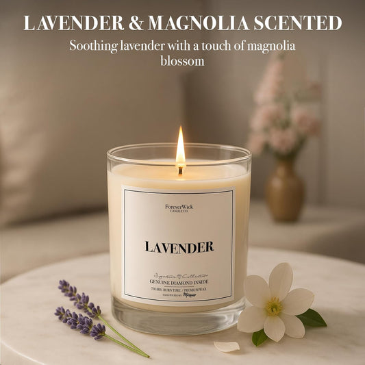 Lavender & Magnolia Surprise Candle with Diamond Inside | Foreverwick Candles | Scented Soy Candles Gifts for Women Aromatherapy Candle Wax | Romance Candles All-Natural Organic Soy Candle 14oz | 70h