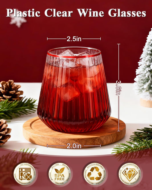 36 Pcs 12 oz Plastic Clear Red Rim Ribbed Wine Glasses, Disposable & Reusable Champagne Glasses Elegant Whiskey Glasses Ideal for Weddings, Bars, Christmas, Holidays, Pool Party, Daily Use