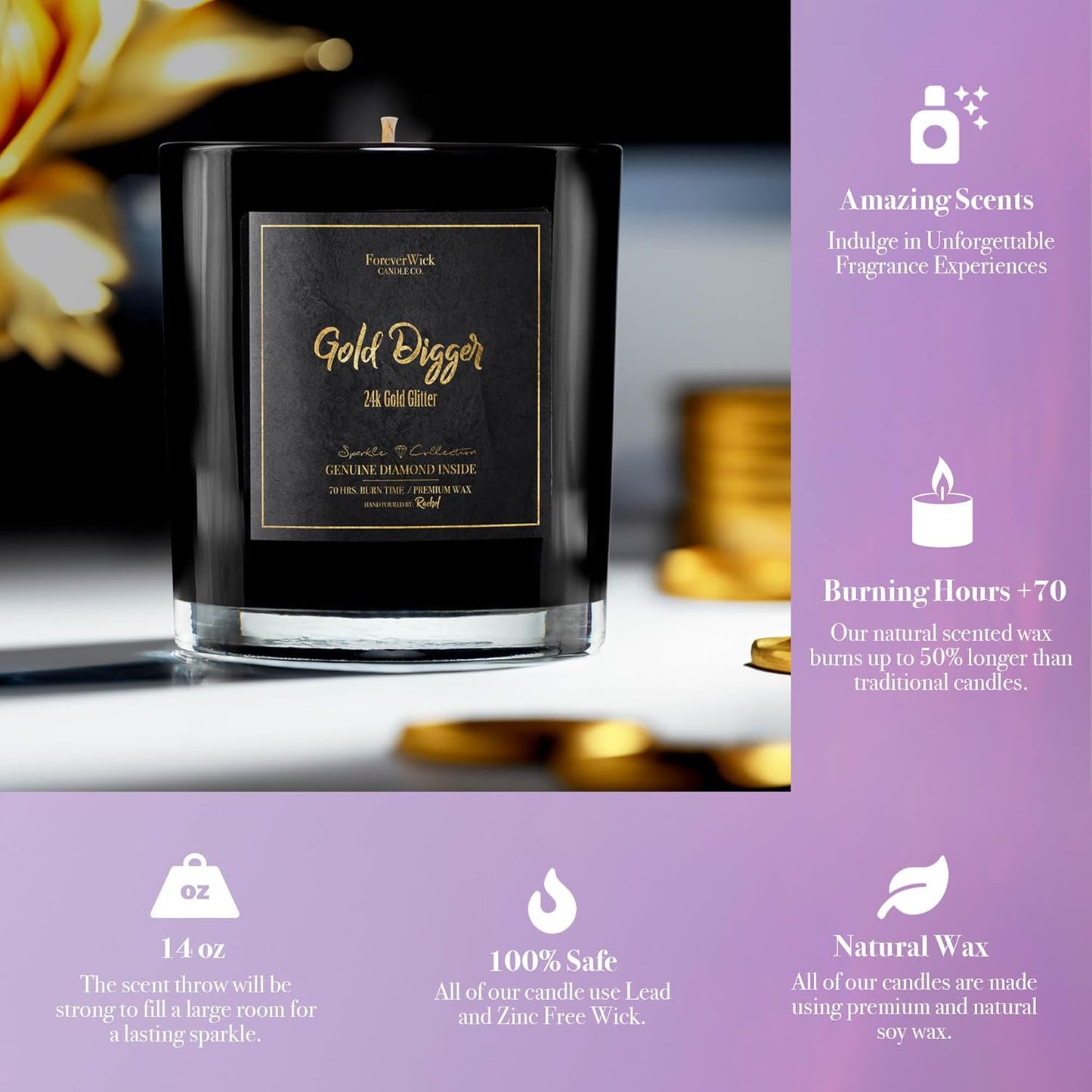 Gold Digger Sparkle Sandlewood & Amber Surprise Candle with Diamond Inside | Foreverwick Candles | Scented Soy Candles Gifts for Women Aromatherapy Candle | All-Natural Organic Soy Candle 14oz | 70h
