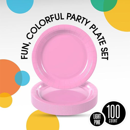 Exquisite Pink Paper Plates Disposable Heavy Duty 7 Inch Pink Disposable Plates For Party 100 Pcs Heavy Duty Paper Plate 350 GSM, Birthday Party Supplies Plate Set
