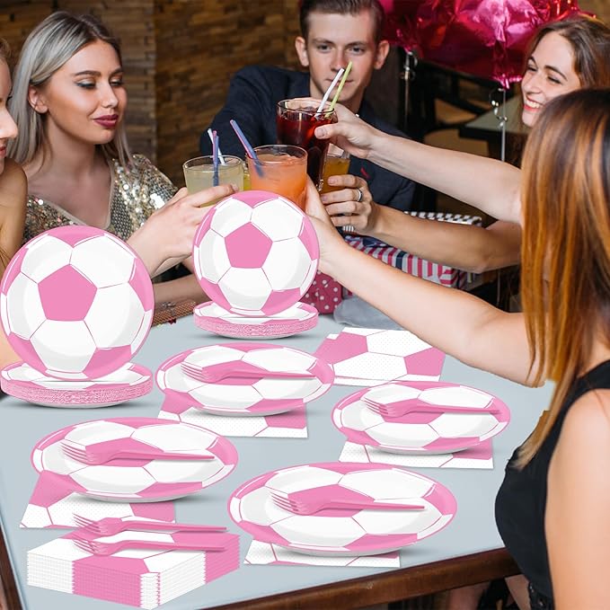 OBUSATT 96Pcs Pink Soccer Party Supplies - Birthday Paper Plates, Napkins, Decorations, Dinnerware, Party Favors, Serves 24