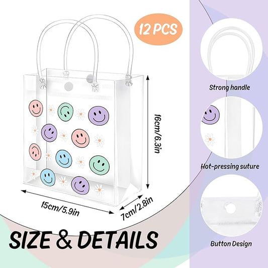 FYSUIMU 12 Pcs Boho Smile Face Clear PVC Gift Bags Colored Happy Face Daisy Flower Party Favor Bags with Handle Preppy Treat Tote Bag for Birthday Baby Shower Holiday