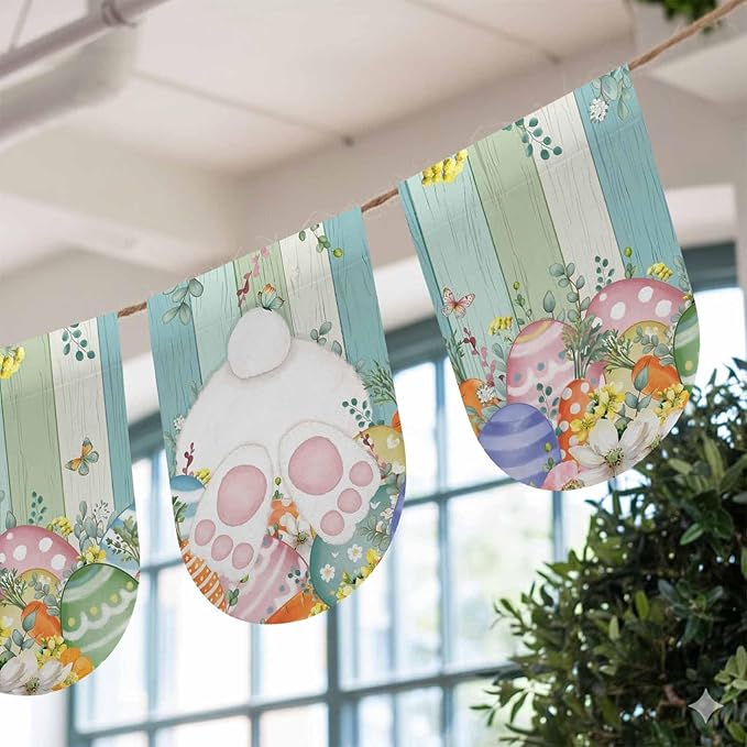 Cute Easter Bunny Banner 3Pcs Indoor Outdoor Hanging Banner Flag Eucalyptus Leaves Colorful Eggs Wooden Sign for Fireplace Mantel Decorative Bunting Garland Valance for Shop Door Decor 9.8"x15.8"