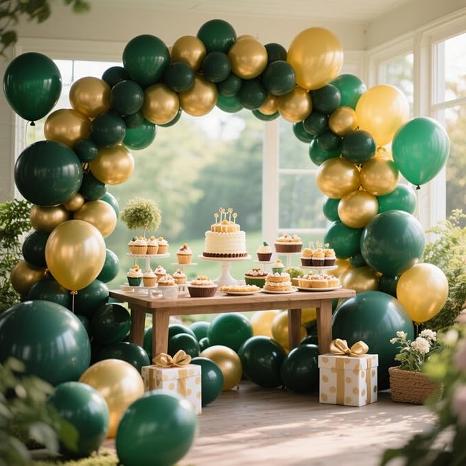 412Pcs Green and Gold Balloon Arch Kit, 18 12 10 5 Inch Different Size Latex Balloons Dark Green and Gold Party Balloons for Birthday Graduation Jungle Party Decorations