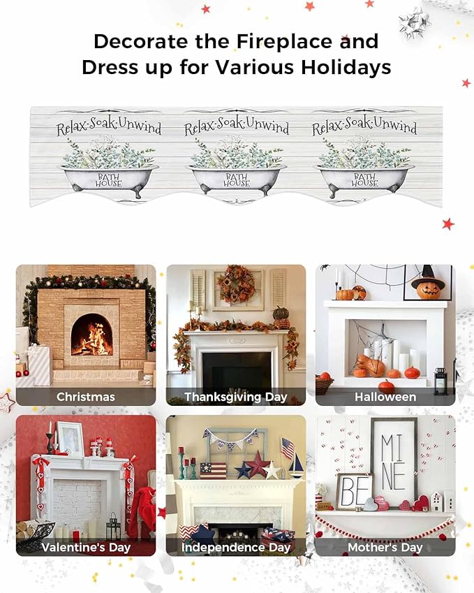 Bathtub Eucalyptus Leaves Fireplace Mantel Scarf Table Runner, Farmhouse Botanical Wooden Winter Garland Mantel Top Tablerunners Dresser Scarves Decorations for Windows Party Living Room 70''x17''