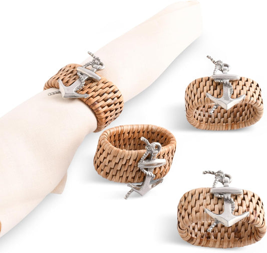 Vagabond House Pewter Anchor Oval Rattan Napkin Rings, Woven Wicker, Natural Eco-Friendly Coastal Decor, Set of 4 for Beach House, Rattan Decor, House Naturals