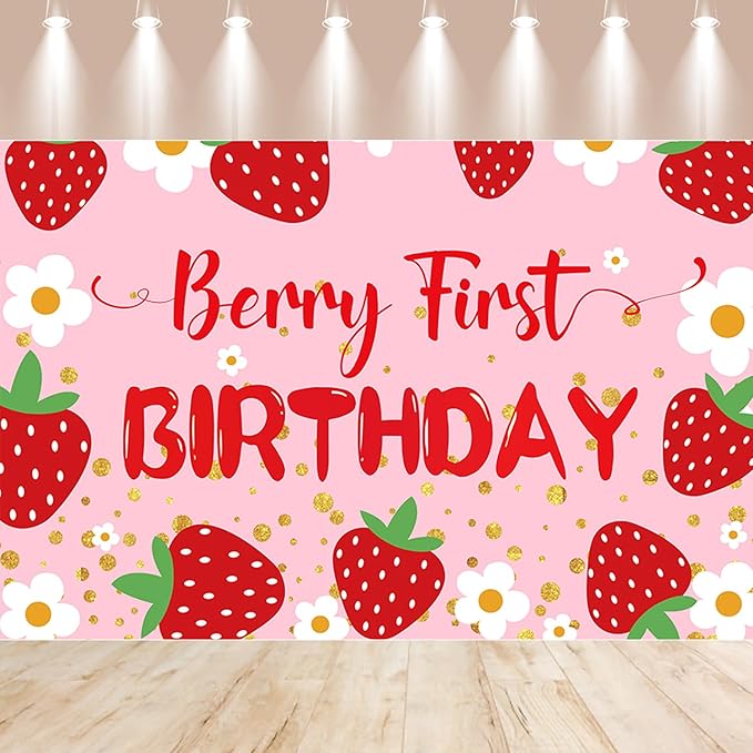 Berry Baby Girl 1st Birthday Decor, Strawberry First Birthday Decorations for Girls with Balloon Arch, Party Backdrop, High Chair Banner, Crown, Photo Banners, Cake Topper