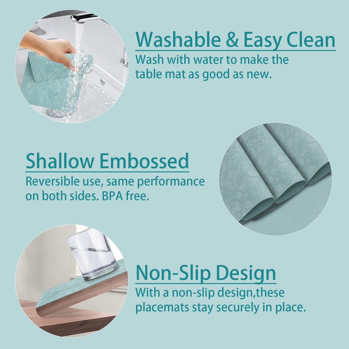 17" ร 12" Faux Leather Placemats Set of 6, Ice Blue, Washable, Wipeable & Heat-Resistant Table Mats, Waterproof & Anti-Slip Dining Place Mats with Shallow Embossed Texture for Kitchen & Dining