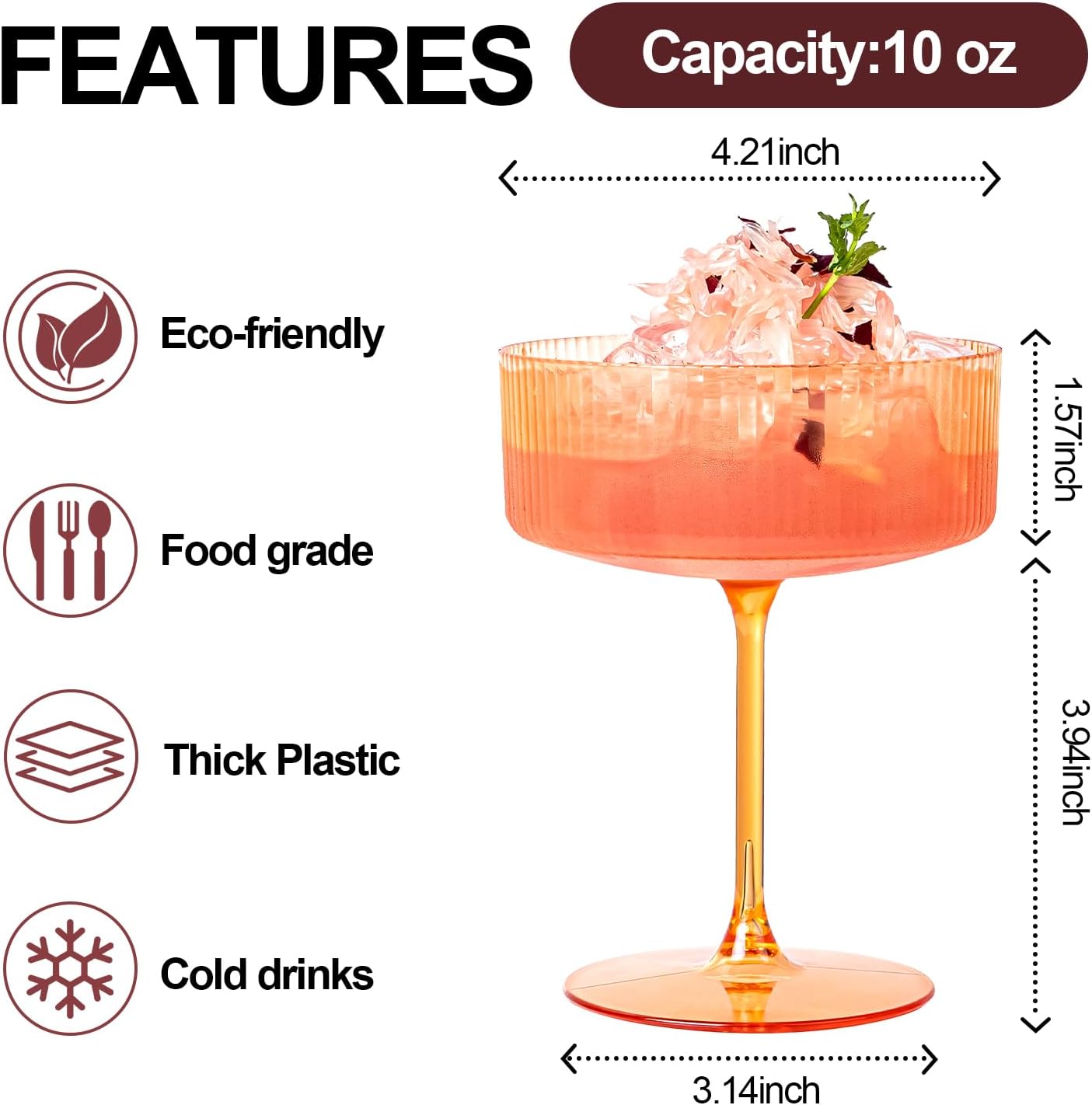 Ciaell 12PCS Plastic Ribbed Martini Glasses - 10 Oz Amber Disposable Coupe Glasses with Stem - Heavy Duty Margarita Cups for Bars, Cocktails, Whiskey, Parties & Wedding & Thanksgiving