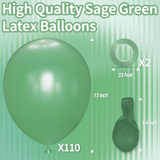 KAWKALSH Sage Green Balloon 12 Inch, 110pcs Latex Party Balloons Helium Bright Color for Birthday Baby Shower Wedding Party Supplies Arch Garland Decoration