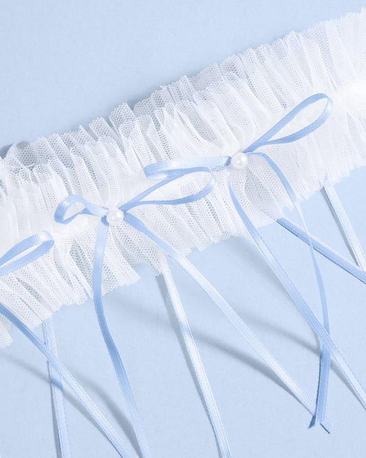 xo, Fetti White Tulle Ruffle Bridal Garter + Blue Pearl Bows | Bride to Be Accessory, Bridal Shower Outfit, Wedding Something Blue Decorations, Engagement Gift