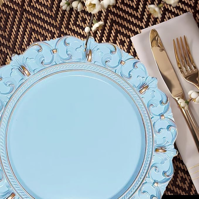 6 Pack Blue Charger Plates 13" Round Charger Plates for Dinning Plates with Embossed Rim Plastic Charger for Dinner, Wedding, Elegant Tableware Decor
