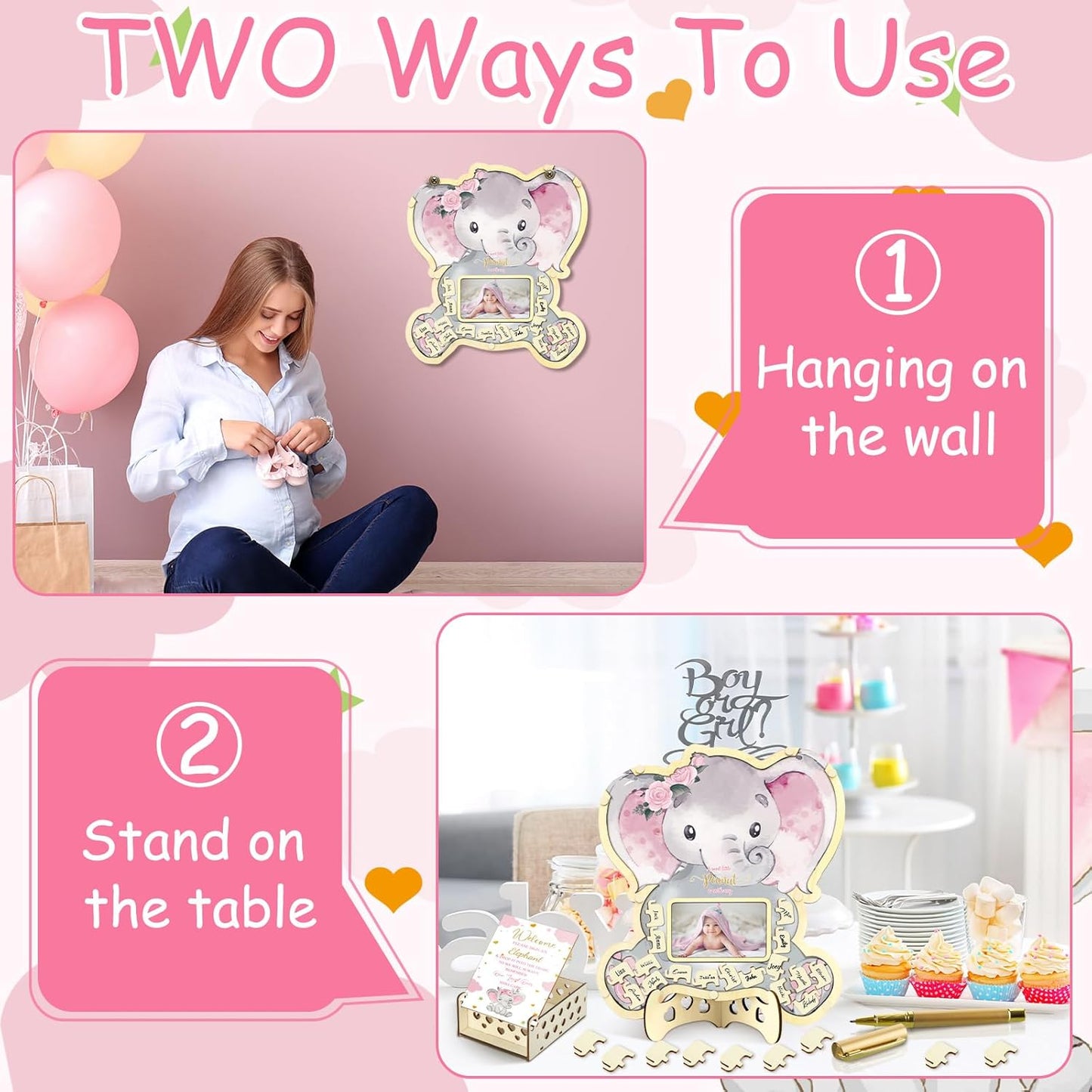 Wenqik 63 Pcs Pink Elephant Baby Shower Guest Book Alternatives Set Baby Shower Decorations with Photo Frame Sonogram Frame Keepsake 60 Wood Slices Guest Book for Birthday