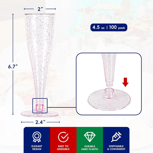 JOLLY CHEF 100 Pack Plastic Champagne Flutes Disposable 4.5 oz Purple Glitter Plastic Champagne Glasses Suitable for Wedding, Thanksgiving Day, Christmas