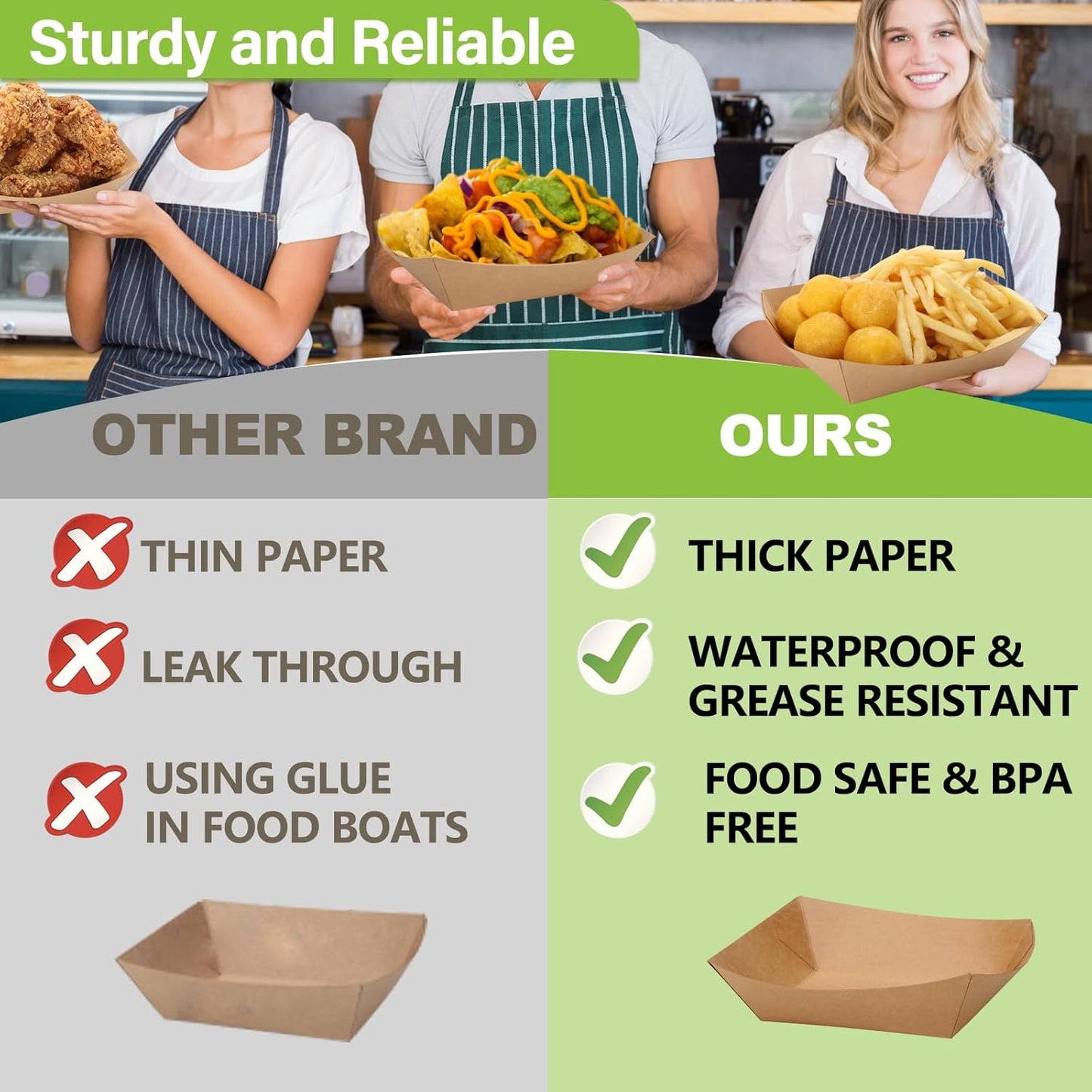 100 Pack 3lb Heavy Duty Kraft Leak Proof Paper Food Boats Disposable Nacho Trays Takeout Trays for Chips, Hot Dogs, Popcorn, Snacks, BBQ, Party, Picnic, Wedding