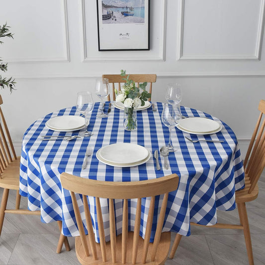 maxmill Round Checkered Tablecloth Spillproof Wrinkle Free Heavy Weight Gingham Table Cloth for Circular Table Cover Buffalo Plaid for Buffet Banquet Parties Holiday Dinner 70 Inch Blue and White