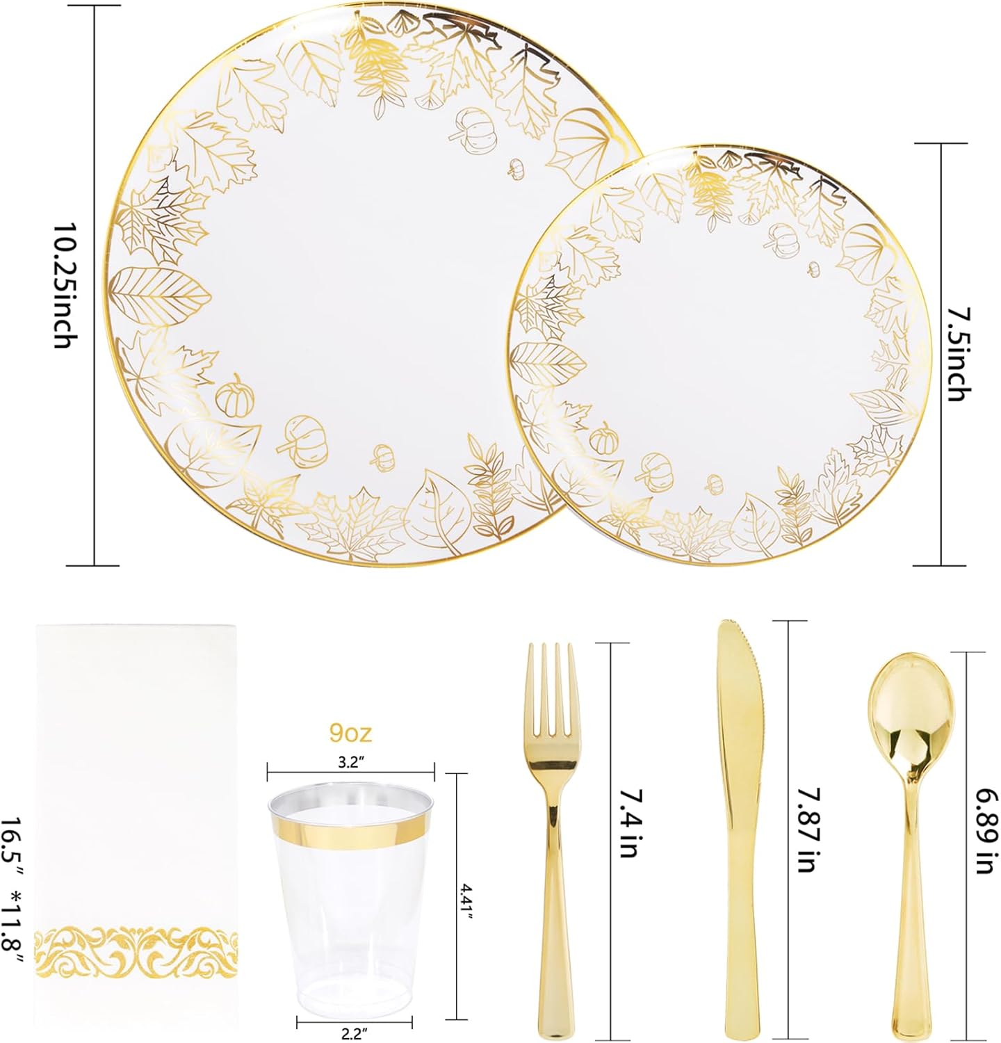 Supernal 175pcs Thanksgiving Gold Plastic Plates,Disposable Dinnerware Set,Elegant Thanksgiving Maple Leaf Design,25Gold Plastic Silverware,25Gold Disposable Cups and Gold Paper Napkins