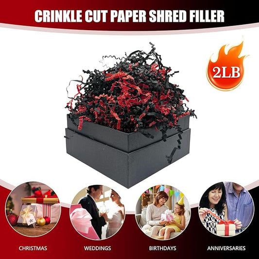 Black Red Crinkle Cut Paper Shred Filler, 2 LB Basket Filler Shredded Paper, Confetti Stuffing for Basket Filling, Mother's Day, Birthdays, Weddings, DIY Gift Wrapping, Stuffer Party Supplies