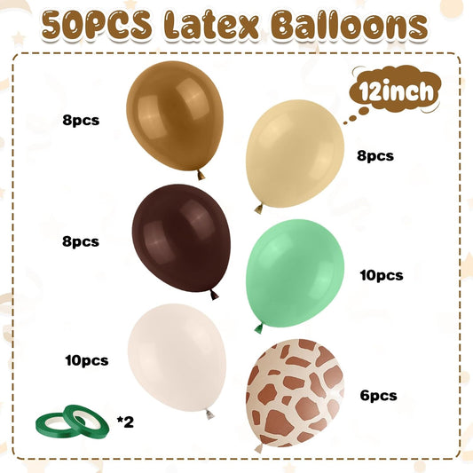 Green Brown Balloons, 50PCS 12Inch Safari Jungle Balloon with Sage Green Brown Gold Cream Balloons Retro Khaki Apricot for Giraffe Woodland Animal Baby Shower Birthday Wild Party Decorations