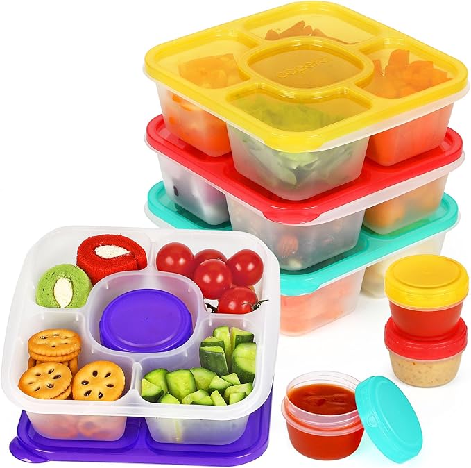 Caperci Original Bento Snack Box Containers for Kids & Adults - Lunchable Food Containers 5 Compartments with 4 Leakproof Small Containers, BPA-Free, Set of 4 (Brights)