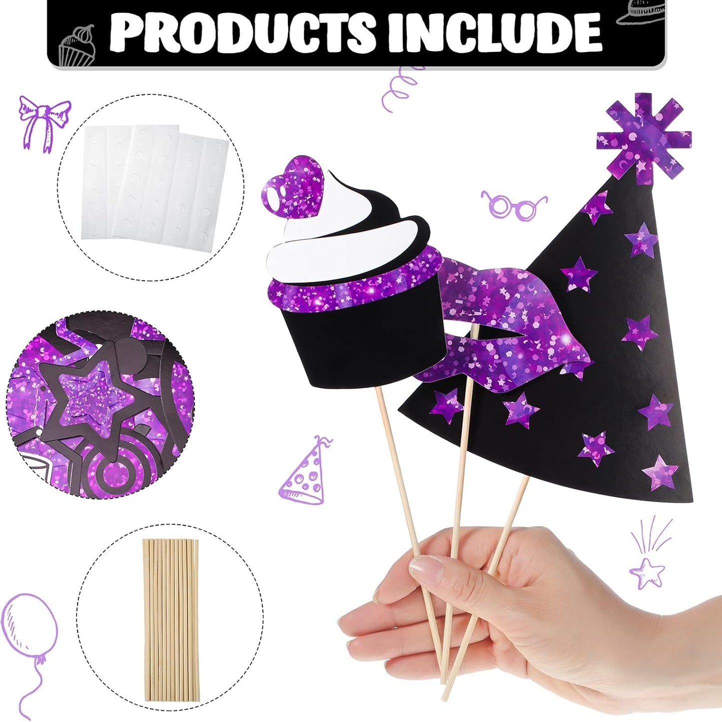 Zonon 24 Pieces Funny Photo Booth Props:Halloween,Christmas,Family Reunion, Class Reunion, Birthday, Weddings, Prom Disco Mardi Gras Party Supplies - Mix of Hats, Lipstick, Tie(Black and Purple)