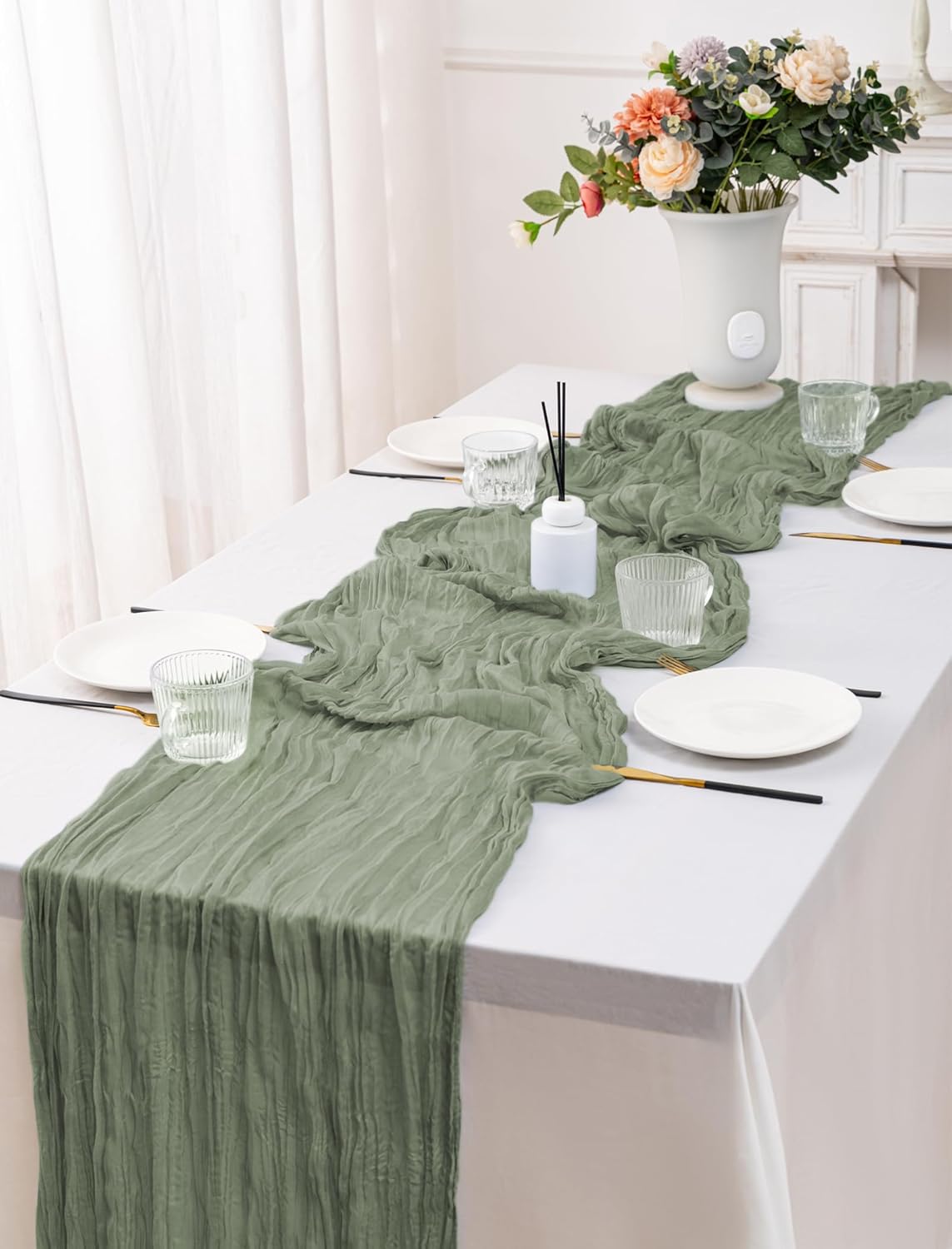 12 Pack Sage Green Table Runner 10FT Cheesecloth Table Runner 21 x 120 inch Boho Gauze Cheese Cloth Table Runner Rustic Sheer Table Runner for Party Wedding Bridal Baby Shower Birthday Table Decor