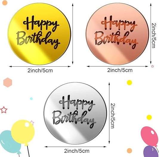Queekay 36 Pcs Mirror Acrylic Happy Birthday Cupcake Toppers, Acrylic Gold Rose Gold Silver Engraved Topper for DIY Cake Picks Round Pastries Birthday Party Anniversary Charm Decorations Supplies