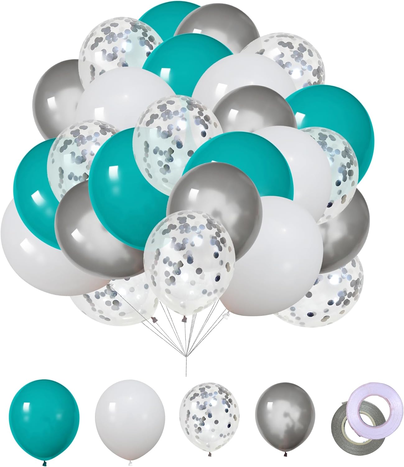 62Pcs 12Inch White Silver Teal Blue Balloon Arch Kit, Matte White Metallic Silver Confetti Party Balloons with Ribbons for Birthday, Wedding, Baby Shower, Graduation Decorations