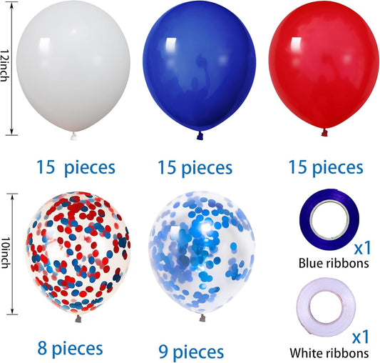 62Pcs 12Inch Bule Red White Balloons Arch Kit, White and Navy Blue Red Confetti Party Balloons with Ribbons for Birthday, Wedding, Baby Shower, Graduation Decorations