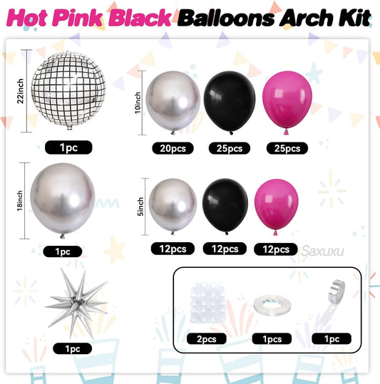 Disco Balloon Arch Kit, Hot Pink Black Balloons Garland Arch Kit, Star Foil and Disco Foil Balloons, Hot Pink Silver Black Balloon For Birthday 8090 Theme Party Wedding Bridal Shower Anniversary