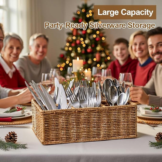 Wicker Silverware Caddy for Party, Woven Rattan Utensil Holder, Knife Fork Spoon Holder, Countertop Cutlery Storage Box, Cabinet Tabletop Silverware Organizer (Brown Gold)