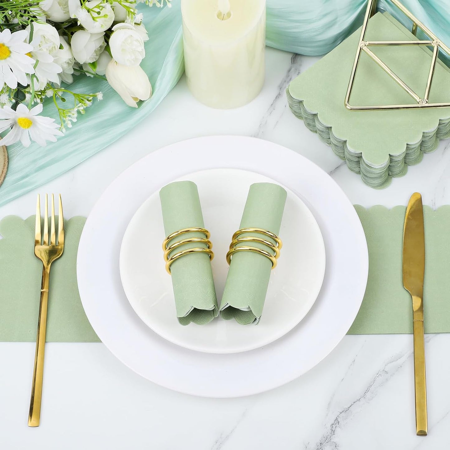 120 Pcs Cocktail Napkins Sage Green Wedding Napkins Disposable Baby Shower Scalloped Napkins for Bridal Shower, Birthday, 5 x 5 Inch