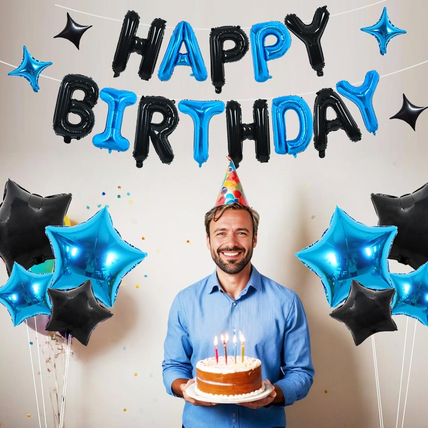 TONIFUL 35PCS Black Blue Happy Birthday Decorations Kit 16 Inch Happy Birthday Balloon Banner with Star Balloons Mylar Foil Birthday Party Decorations Supplies for Men Women Adults Girls Boys Kids