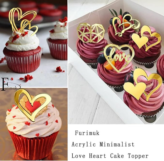 27 Pcs Love Heart Cupcake Toppers Acrylic Cake Topper Minimalist Gold Cake Decorations for Valentine's Day Anniversary Engagement Birthday Wedding Party Supplies
