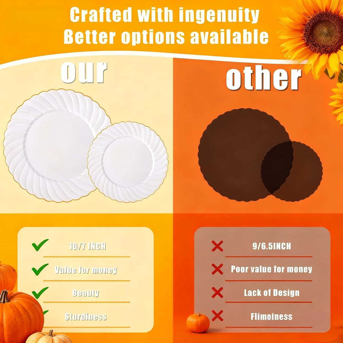 U-QE 60 Pcs Gold Plastic Plates for Party – Thanksgiving Plates Disposable Heavy Duty - White and Gold Plate Include 30 10" Dinner & 30 7" Dessert Plate, Perfect for Party & Wedding & Thanksgiving