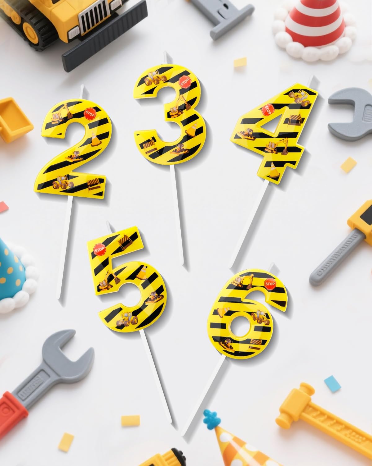 Number 6 Construction Birthday Candle, 2.68 Inch Yellow and Black Striped Candle, Birthday Candles Numbers Construction Cake Topper for Boys Girls, Construction Birthday Party Supplies Decorations