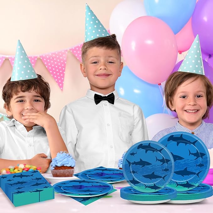 96PCS Shark Birthday Paper Plates Napkins Forks Set for Ocean Shark Themed Party Disposable Decor Under the Sea Party Tableware Sets for Baby Shower Ocean Animal Theme Party Decorations