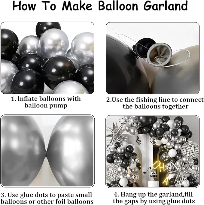 KARLURE Black Silver Balloons Arch Kit, Black Silver White Balloons Disco Ball Balloons Arch for Disco Party Decorations Birthday 2026 Graduation Decorations Anniversary Decorations