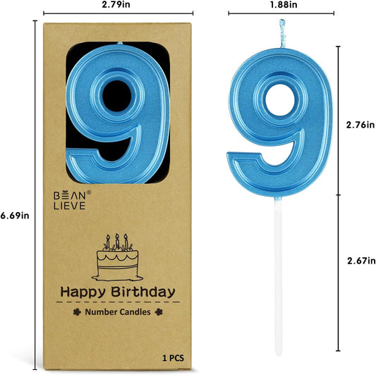 BEAN LIEVE Blue Birthday Candles Number 9, Blue Number Candles, Cake Number Candles for Birthday Parties and Wedding Anniversary Celebrations