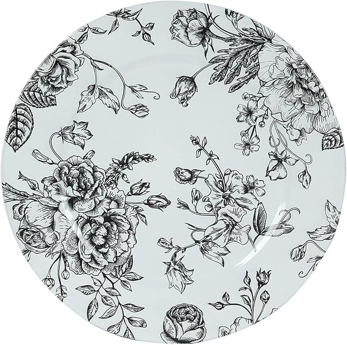 Efavormart 6-Pack Acrylic Charger Plates 13" Round White with Black Floral French Toile Pattern - Decorative Dinner Party Charger Tableware
