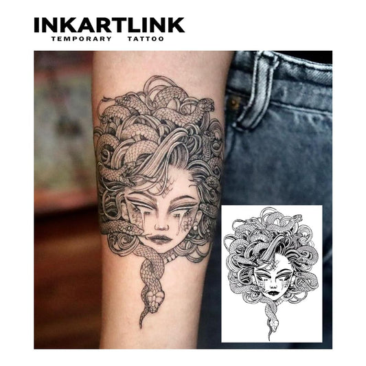 INKARTLINK Tattoo Tech, 2 Sheets Extra-Large Semi Permanent Tattoo, Adult Art Design Temporary Tattoos, Lasts 1-2 Weeks, Waterproof, Realistic Look, No Adhesive, No Reflection (Medusa Design)