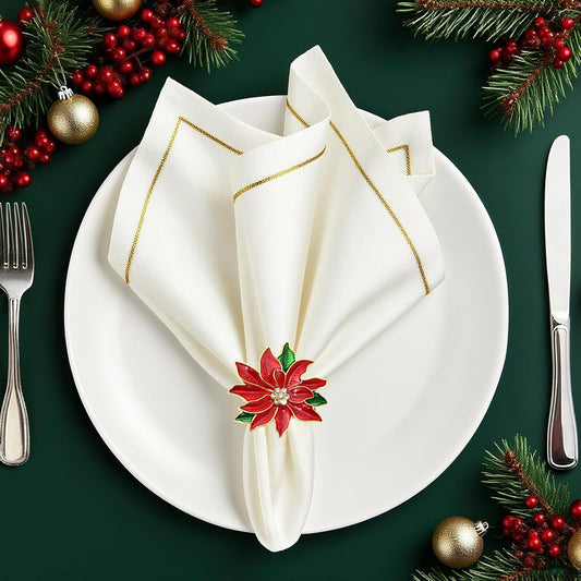 Christmas Poinsettia Flower Napkin Rings Set of 6 for Christmas New Year Valentine's Day Banquet,Red Floral Napkin Rings Holder for Wedding Anniversary Brithday Holiday Family Dinner Decor