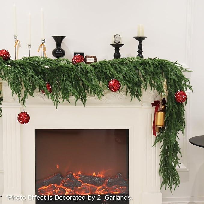 9FT 2PCS Christmas Garland Norfolk Pine Garland Real Touch Artificial Greenery Garland for Mantle Fireplace Table Indoor Outdoor Holiday Decortions (Dark Green)