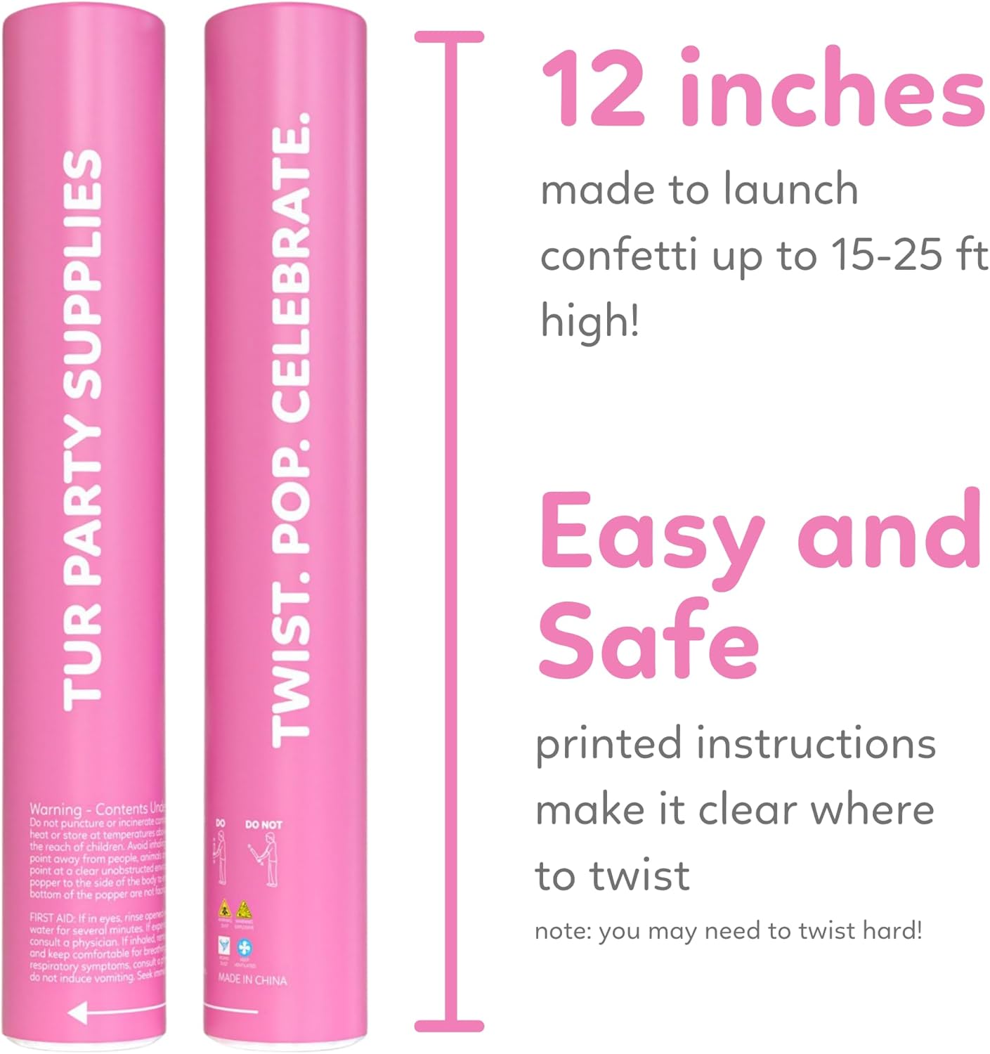 Pink Confetti Cannon Poppers | 2 Pack | Biodegradable Pink Confetti | TUR Party Supplies | Up to 25ft | Giant (12”) | Party Poppers for Graduation, Birthdays, and Bachelorette & Princess Parties